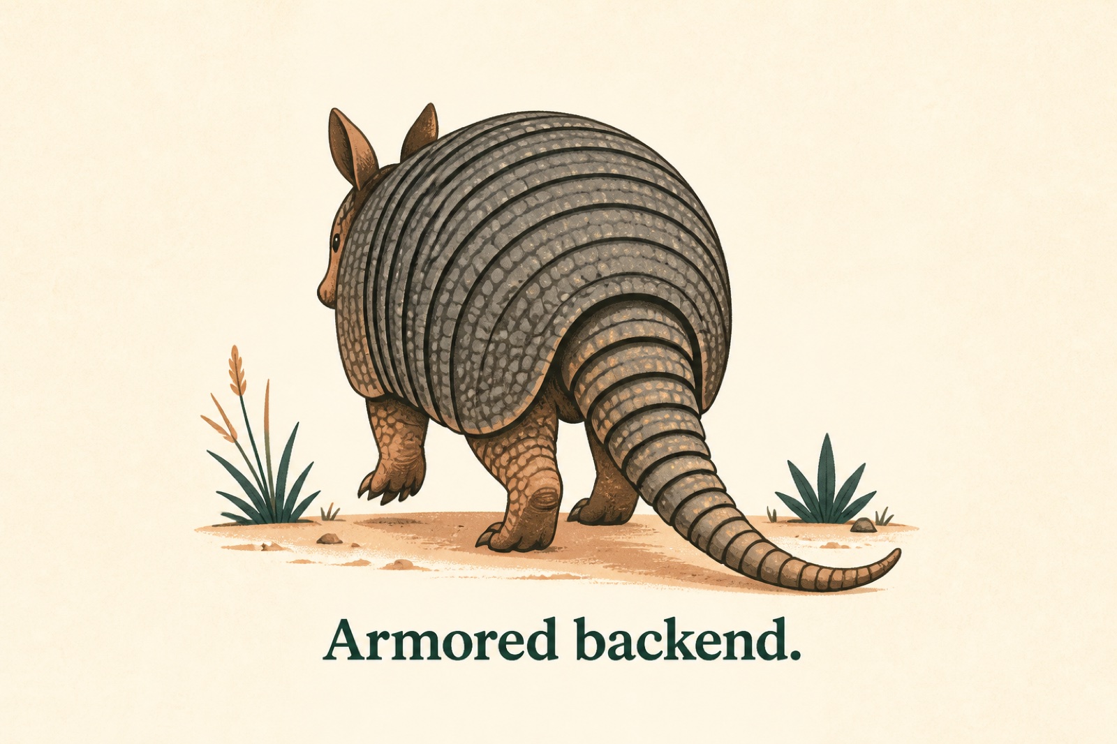 An armadillo walking away. Caption: Armored backend.